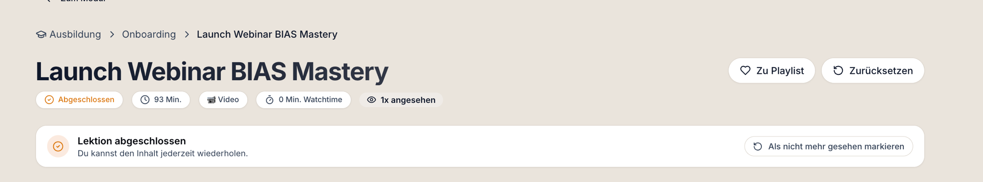 Eleganter Completion-Banner mit Lektion abgeschlossen und Als nicht mehr gesehen markieren