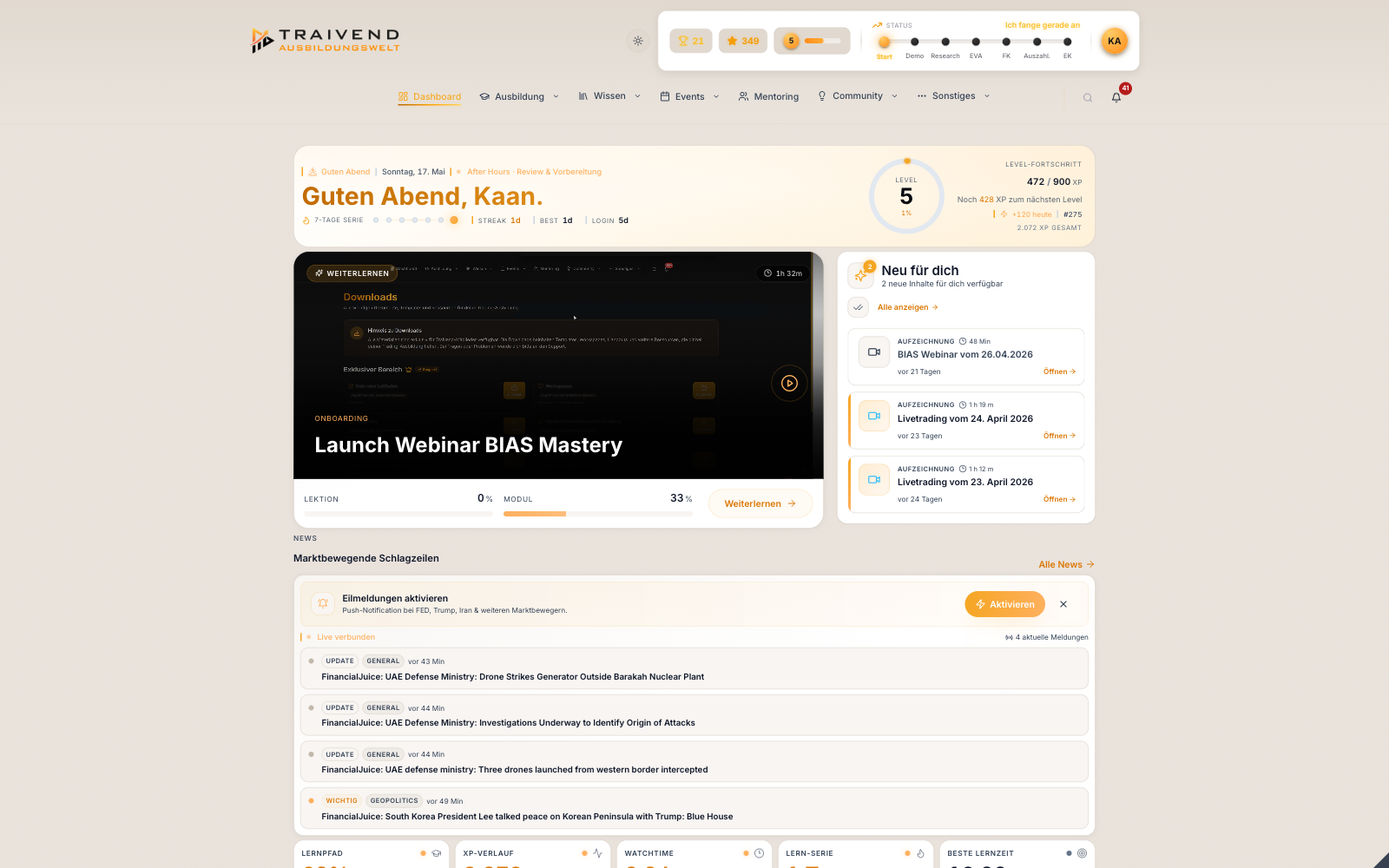 Traivend Ausbildungswelt Dashboard im neuen zentrierten Layout